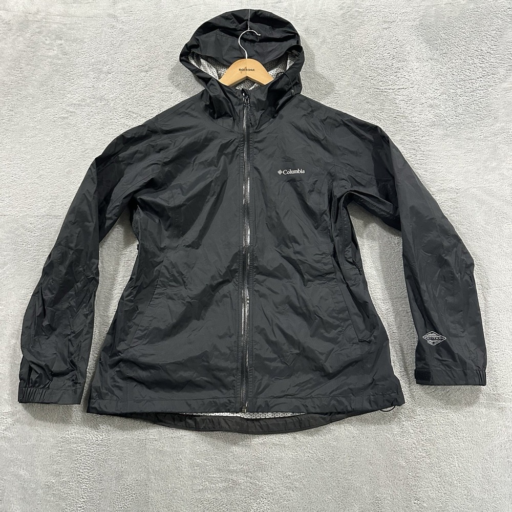 Columbia OmniTech Rain Jacket Women L Hooded Waterproof Full Zip Black Gorp